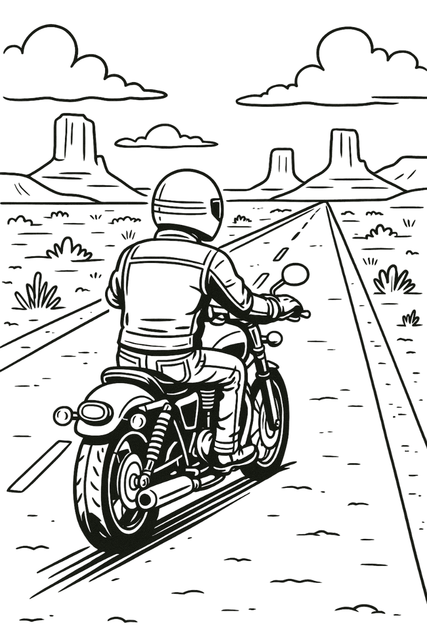 Motorcycle in the desert coloring page