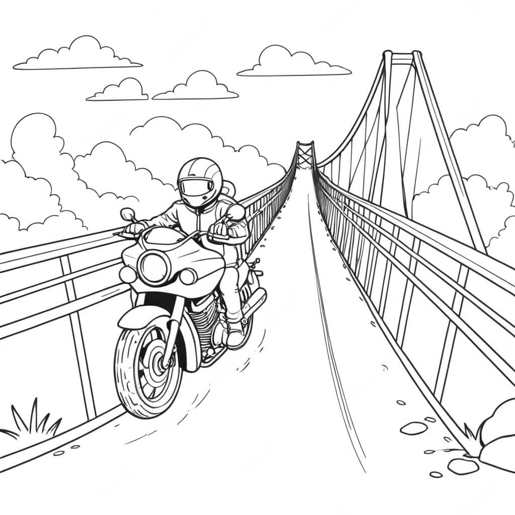 Motorcycle on a bridge coloring page