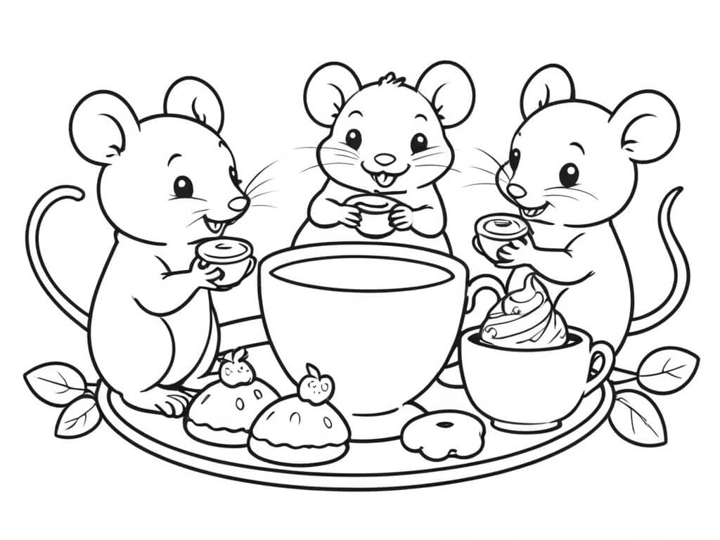 Mouse Friends Having Tea Coloring Page