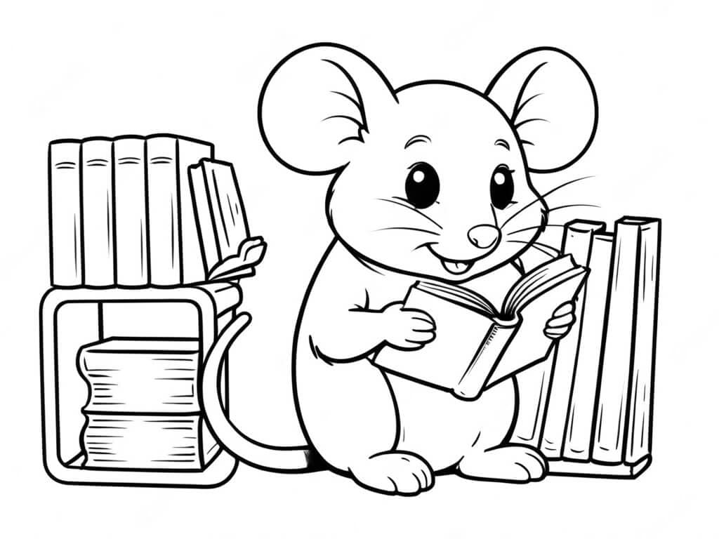 Mouse Reading Books Coloring Page