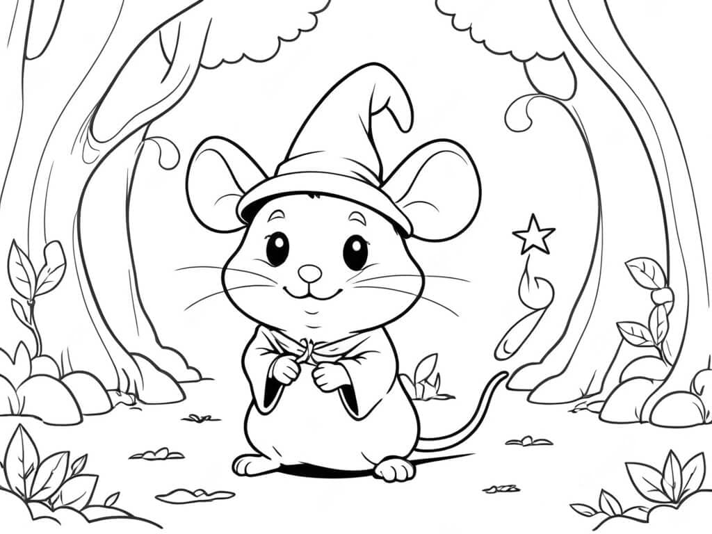 Wizard Mouse in the Forest Coloring Page