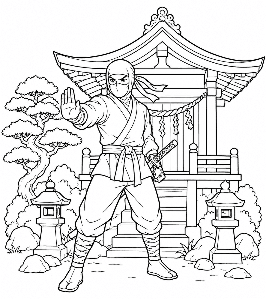 Ninja Japanese Temple Coloring Pages