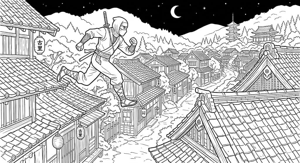 Ninja on Rooftops Coloring Pages