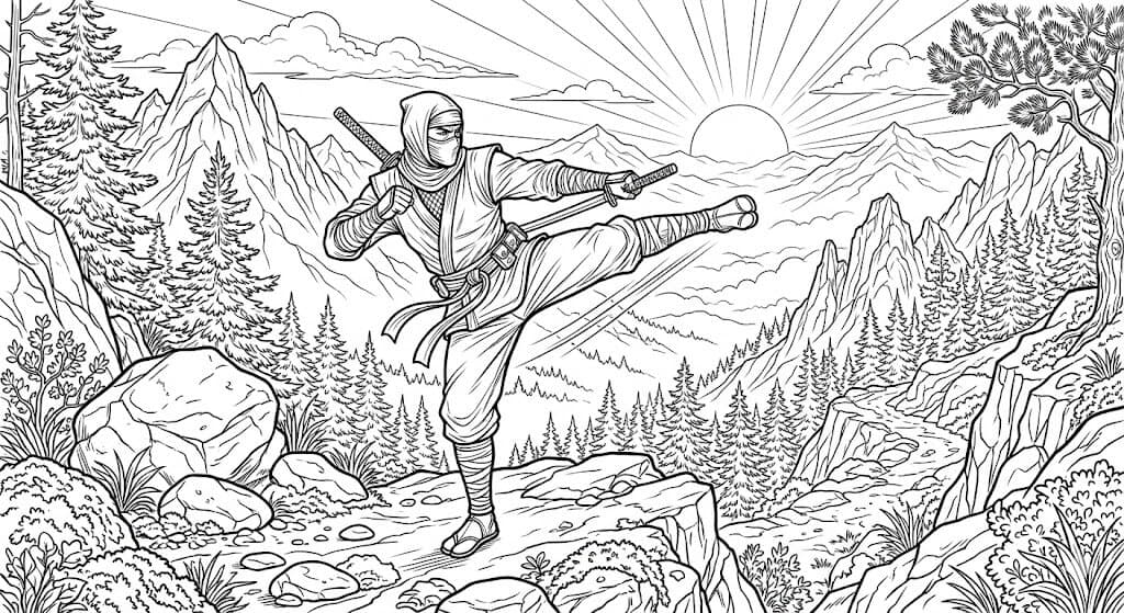 Ninja Sunrise Coloring Pages