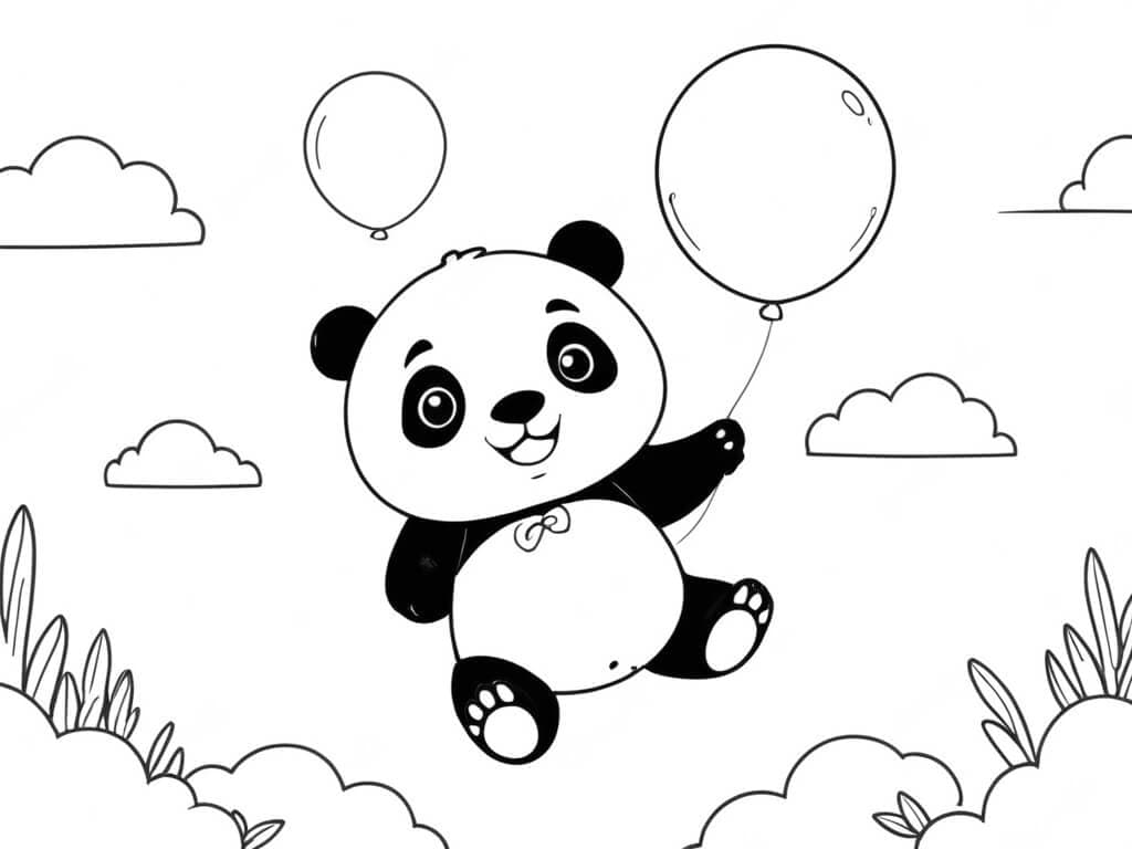 Panda Flying with Balloons Coloring Page