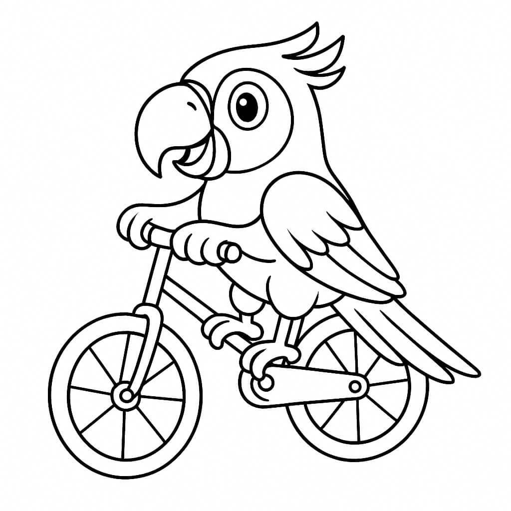 Parrot riding a bicycle coloring page