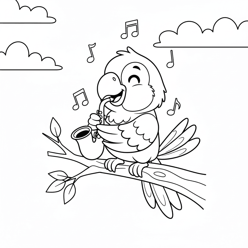 Parrot with musical instrument coloring page