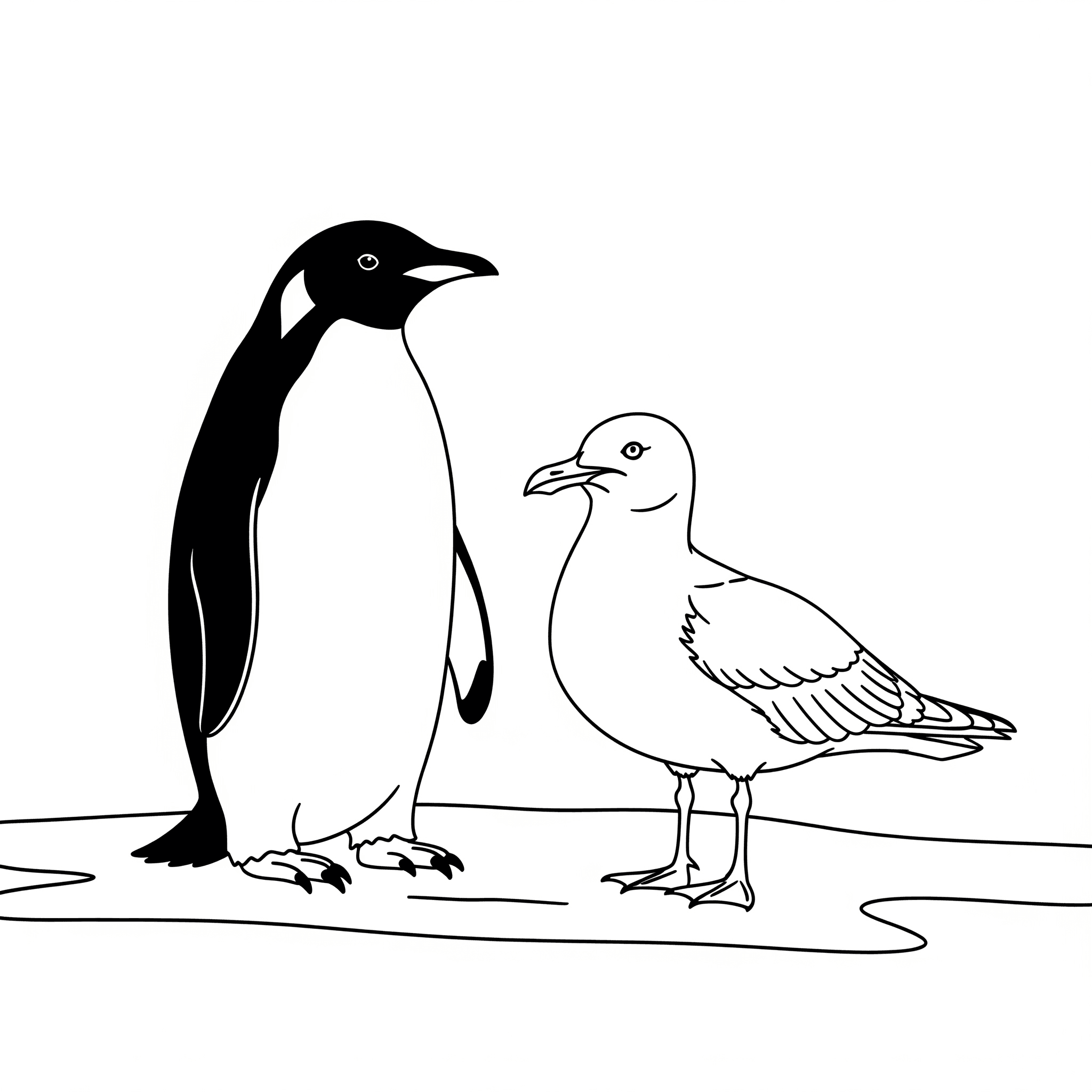 Penguin and Seagull Coloring Page