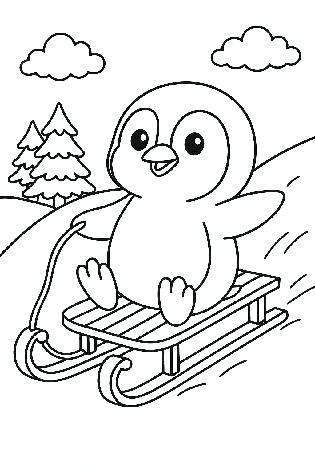 Penguin Riding a Sled Coloring Page