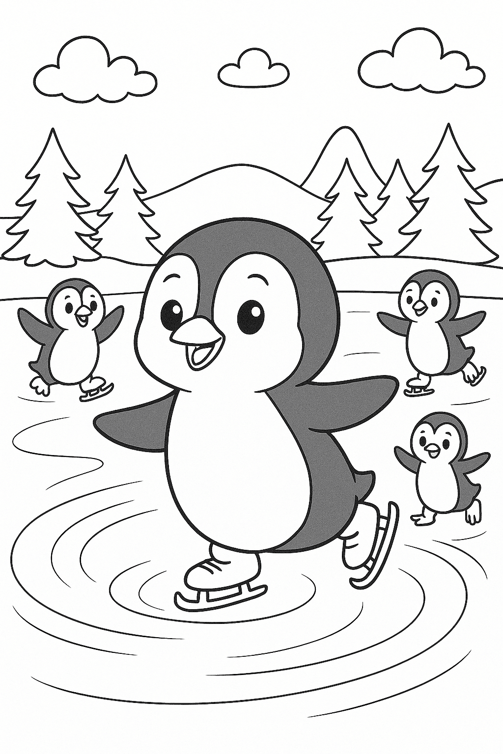 Penguins Ice Skating Coloring Page