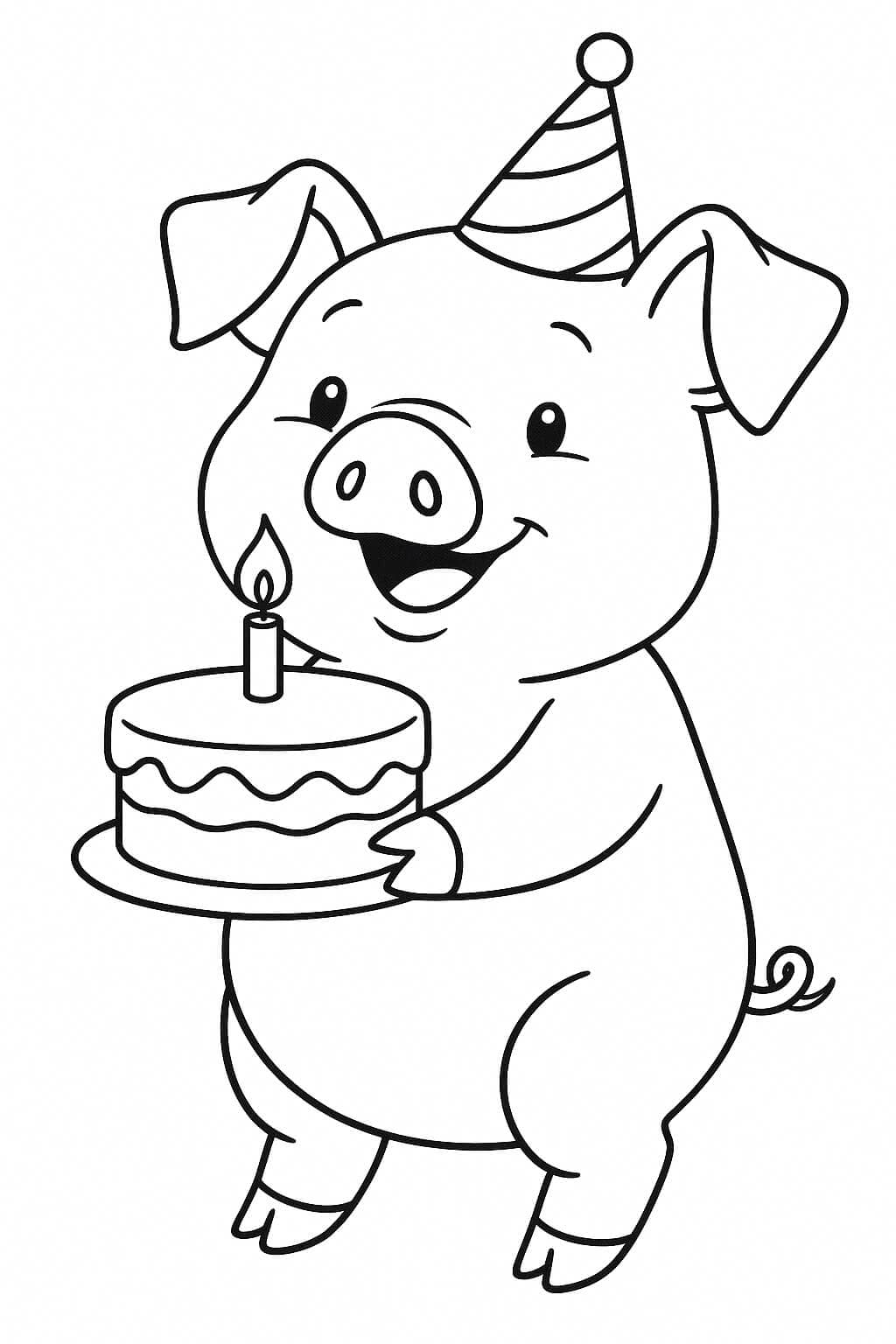 Pig with Birthday Cake Coloring Page