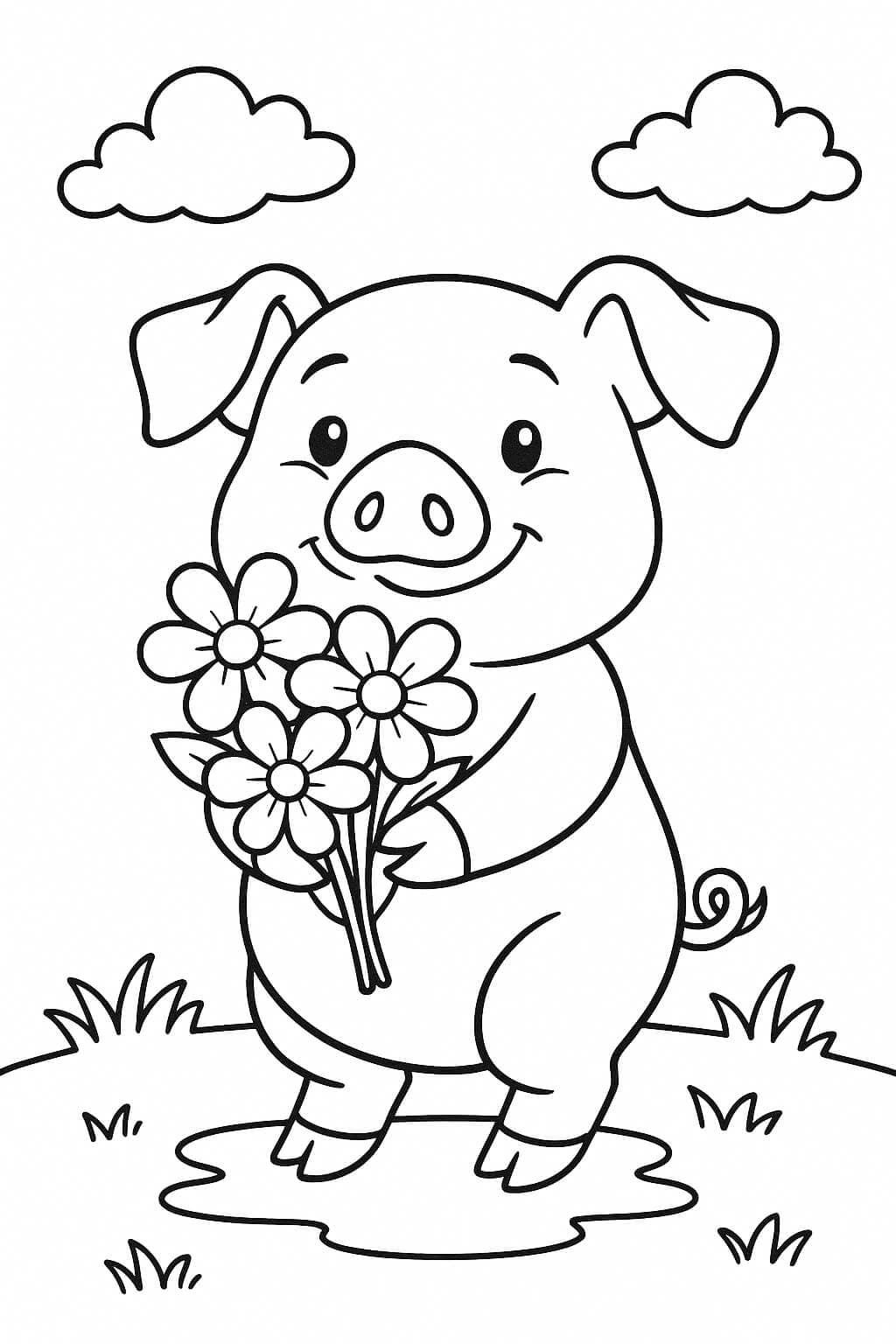Pig with Flowers Coloring Page