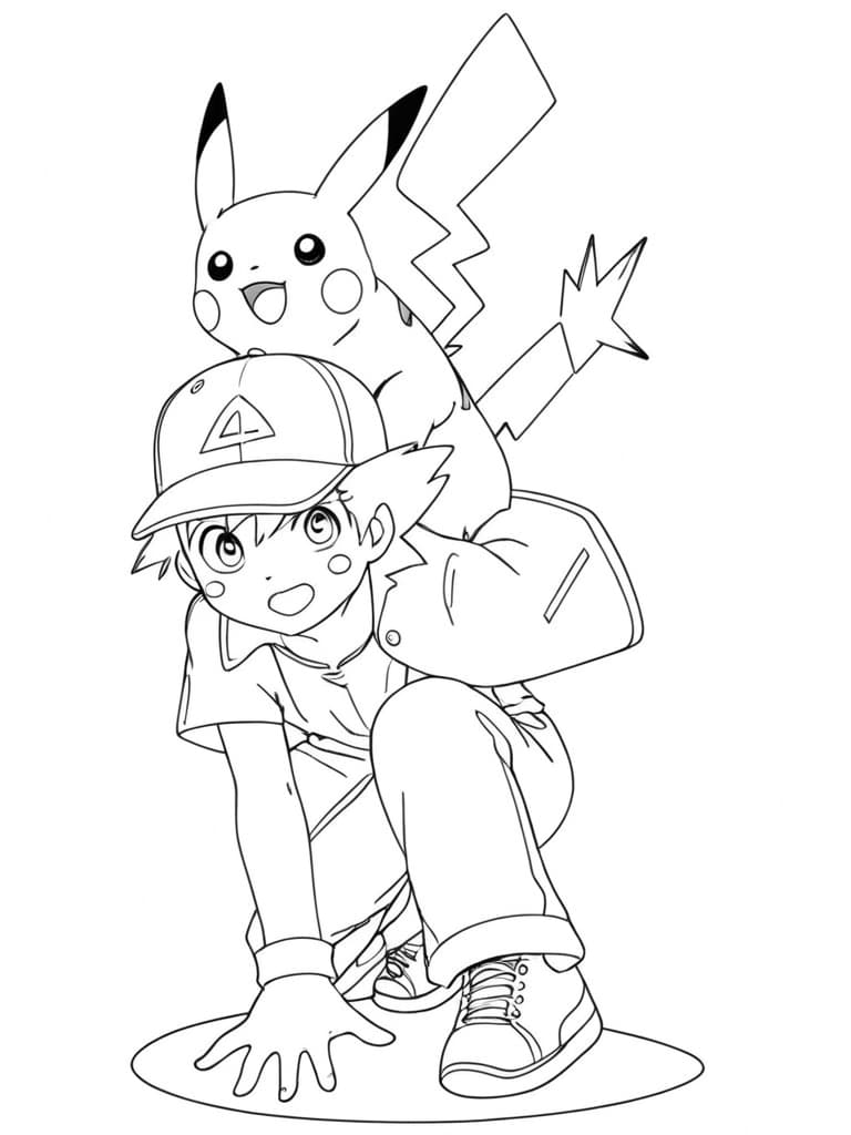 Pikachu and Ash Coloring Page