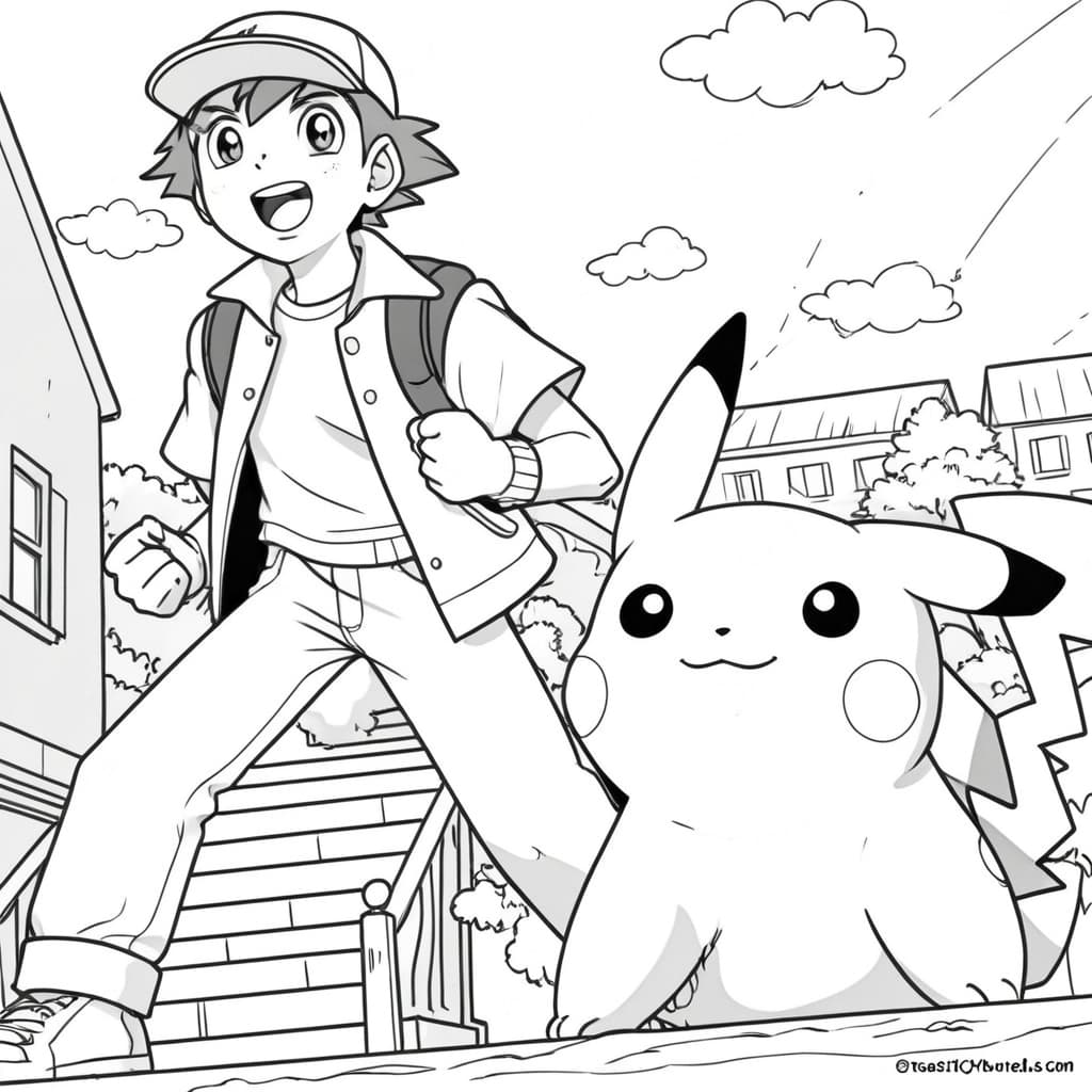 Pikachu and Ash in Pallet Town Coloring Page