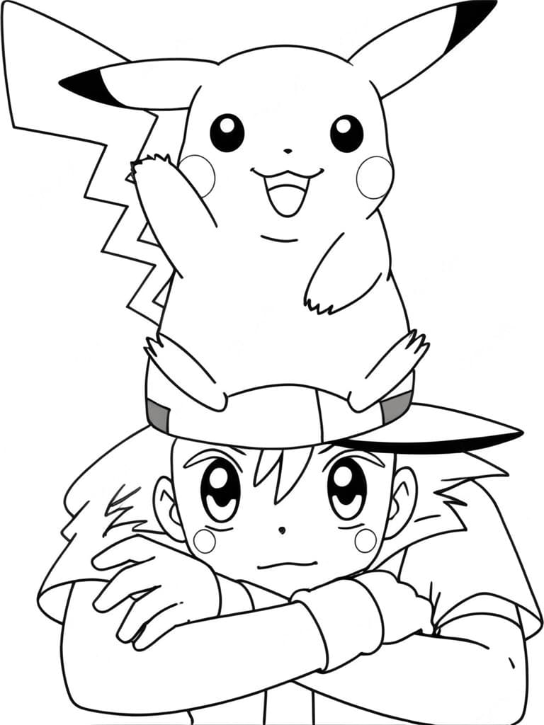 Pikachu Sitting on Ash's Head Coloring Page