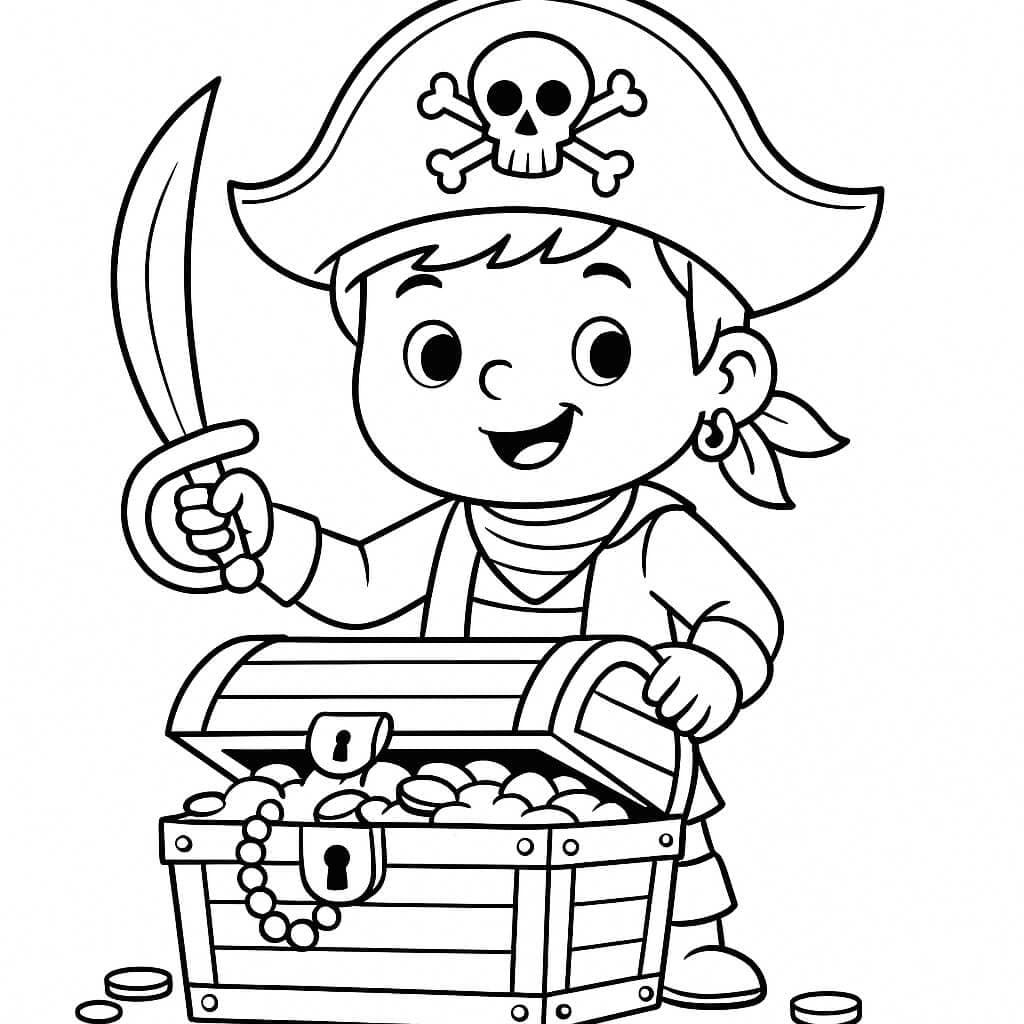 Pirate boy with chest coloring page