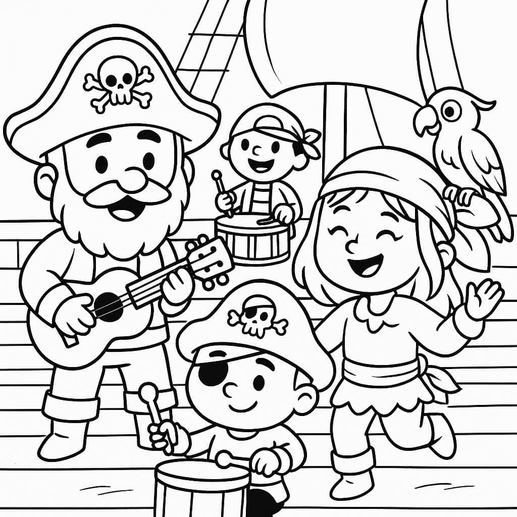 Pirate crew with instruments coloring page