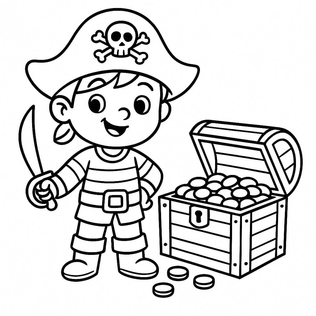 Pirate with chest coloring page