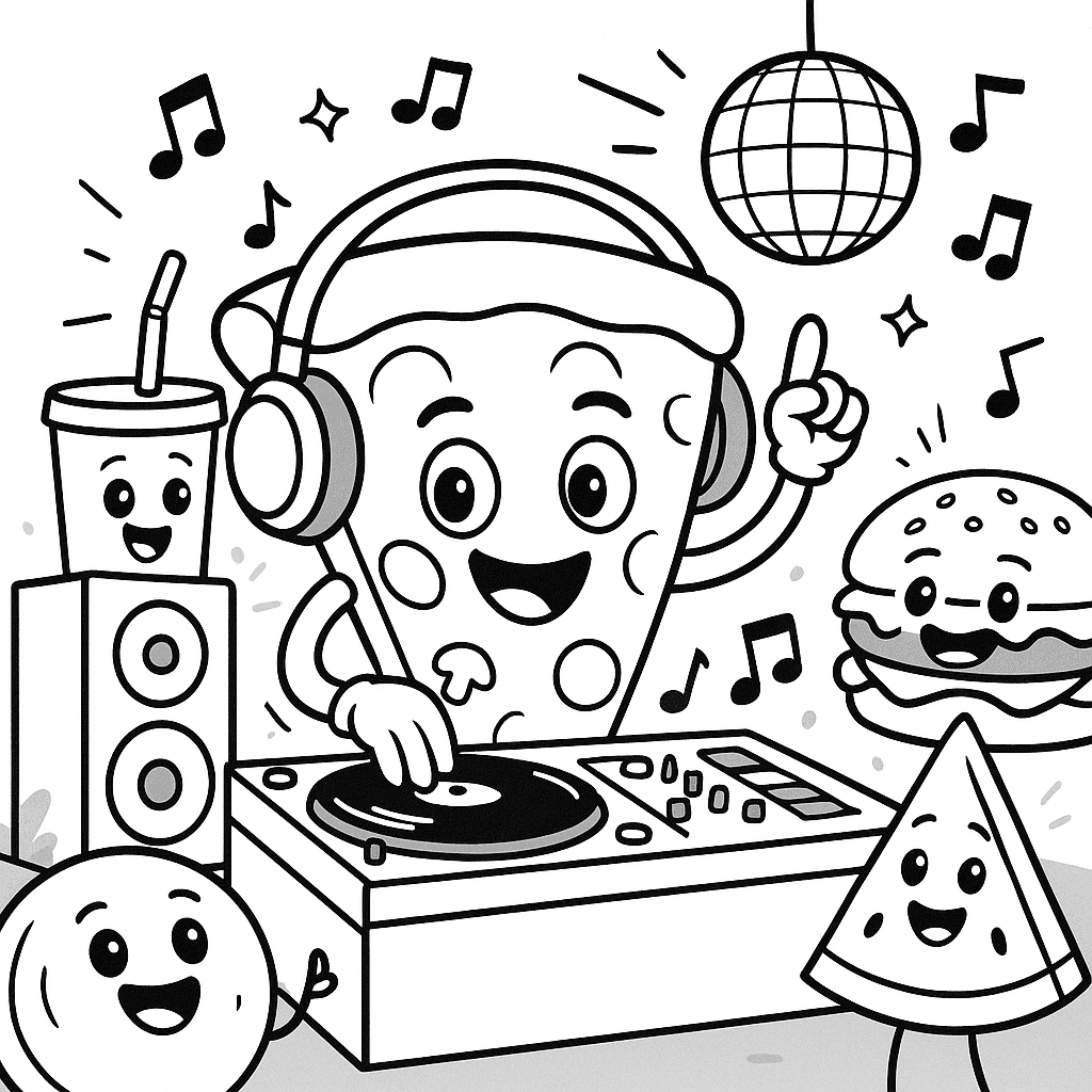 DJ Pizza Coloring Page