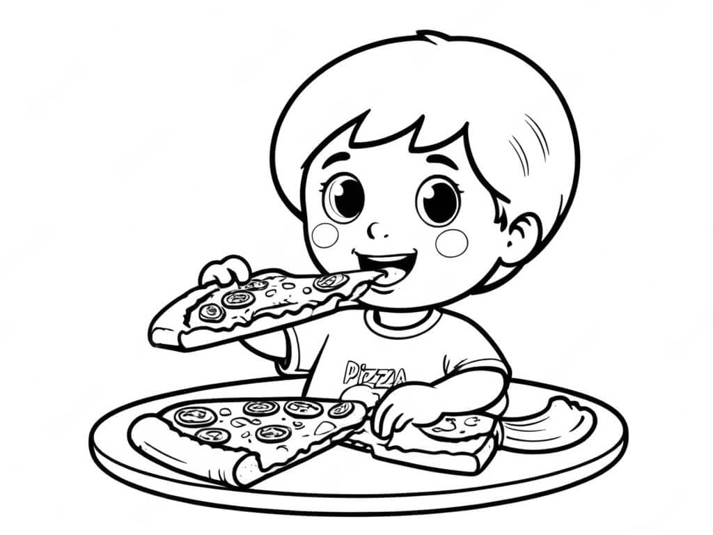 Kid Eating Pizza Coloring Page