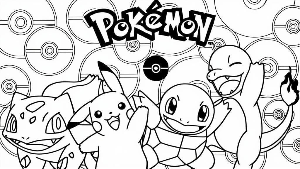 Bulbasaur, Charmander, Pikachu, and Squirtle Coloring Page