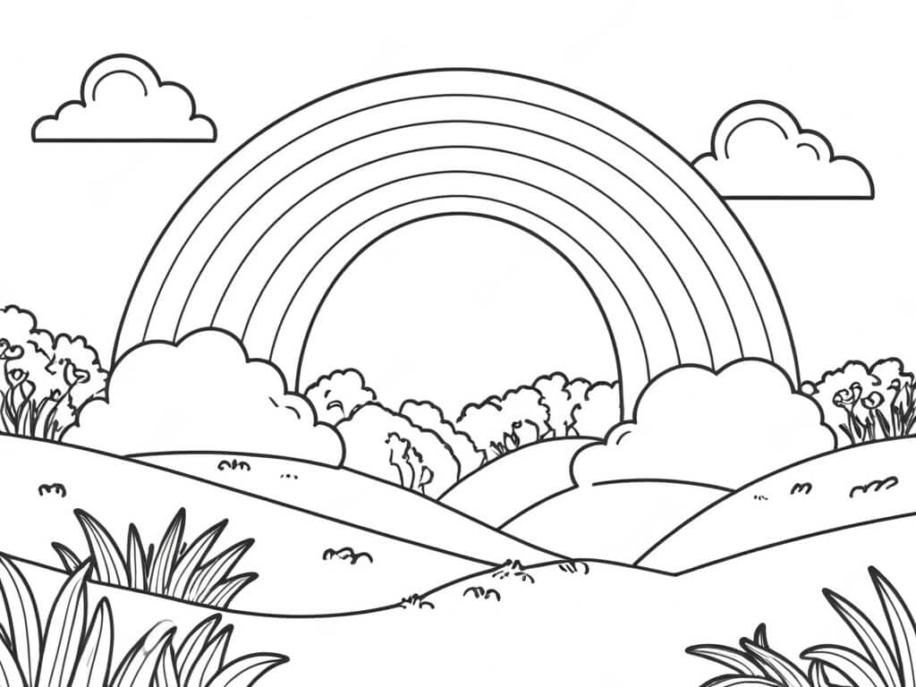 Rainbow in a natural landscape coloring page
