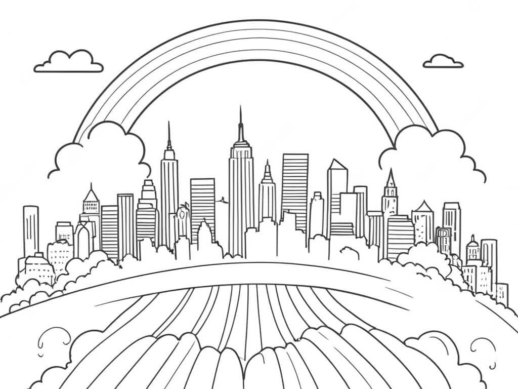 Rainbow over the city coloring page