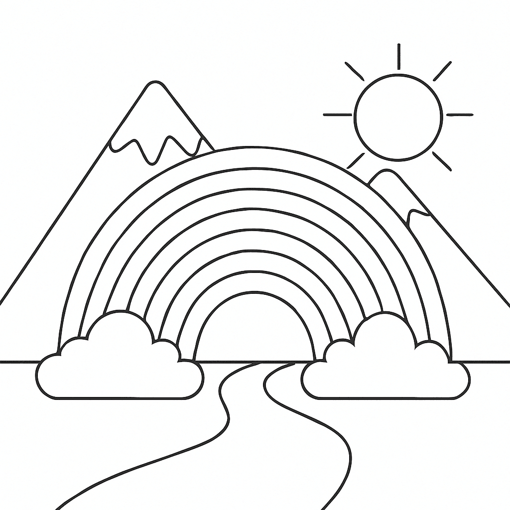 Rainbow over mountains coloring page