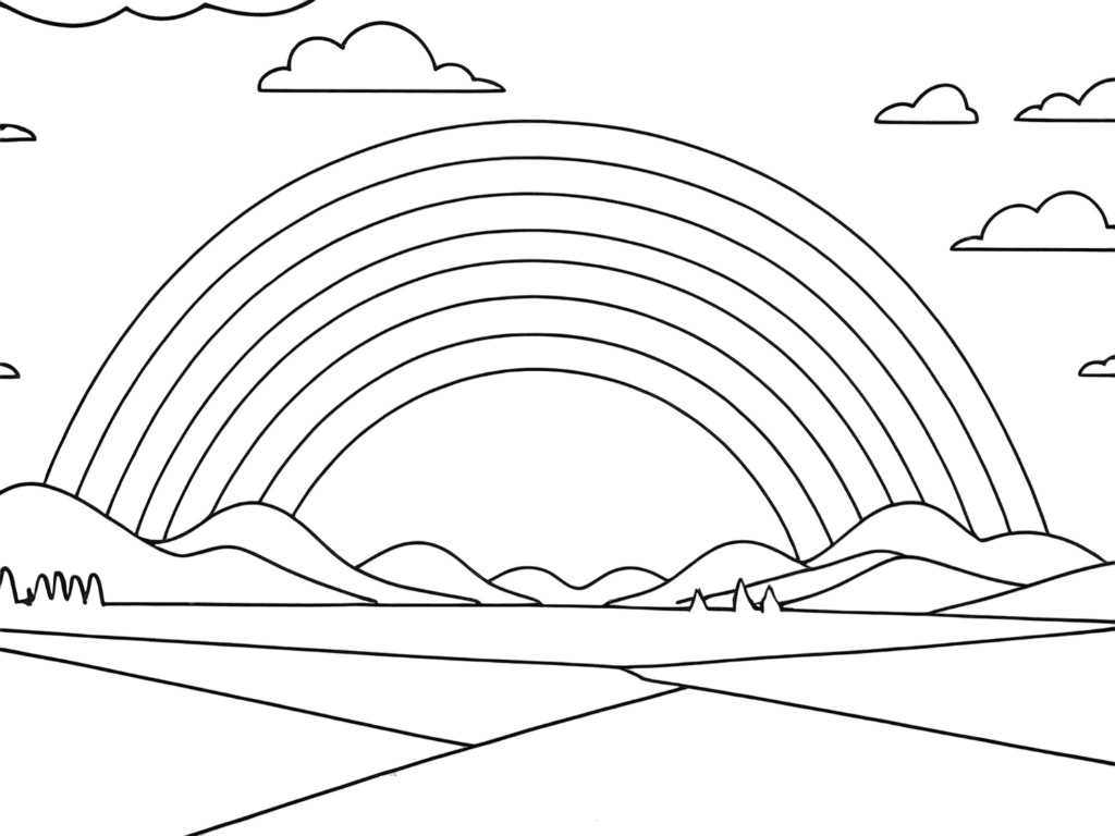 Rainbow between clouds coloring page