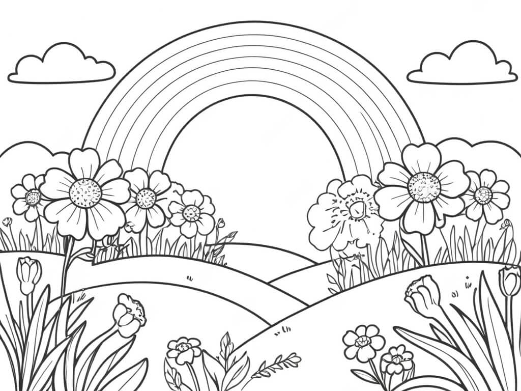 Rainbow with a flower landscape coloring page