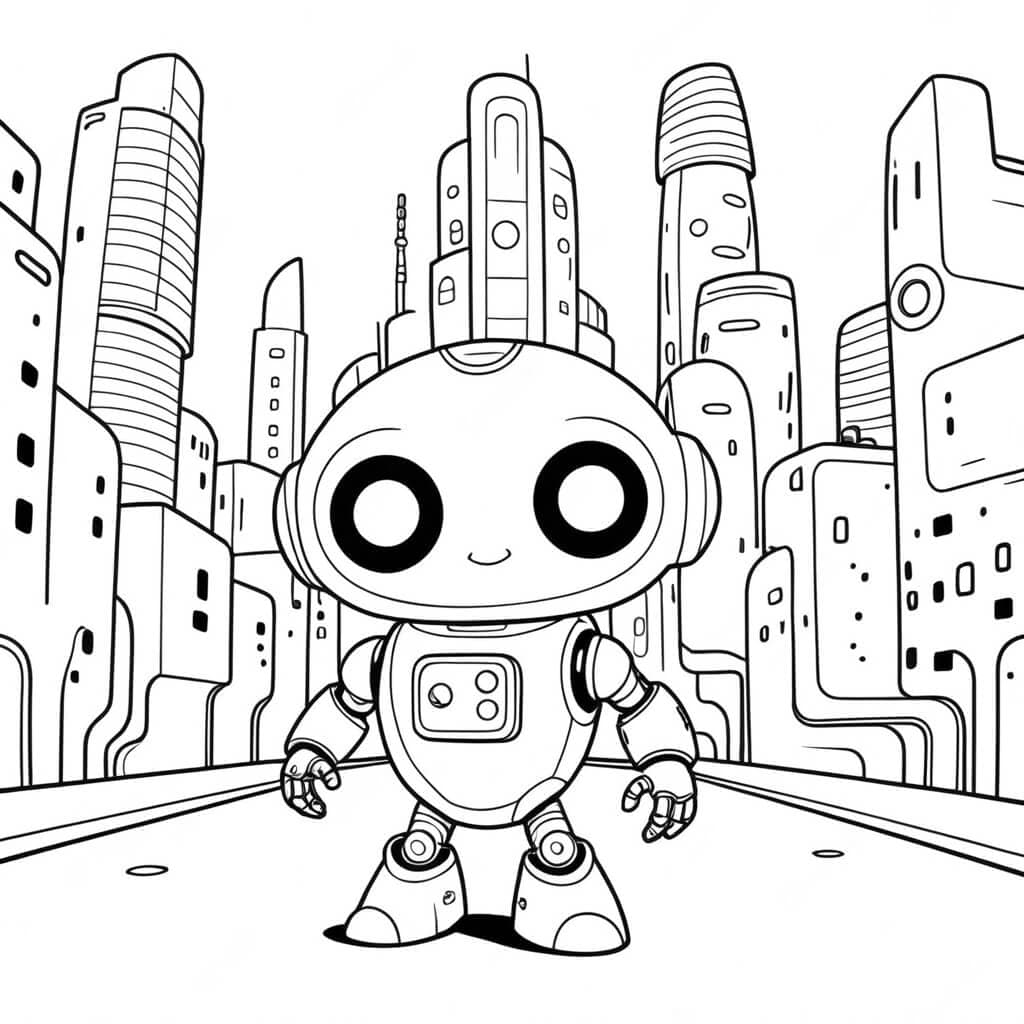 Robot in the future city coloring page