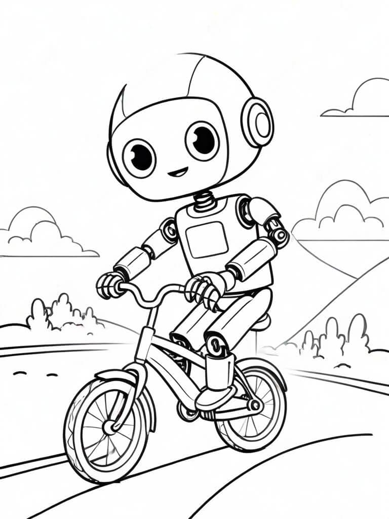 Robot riding a bicycle coloring page
