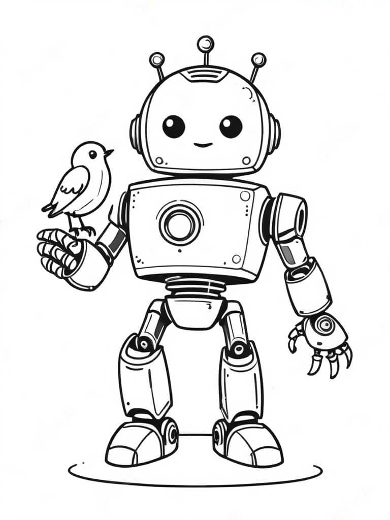 Robot with bird coloring page