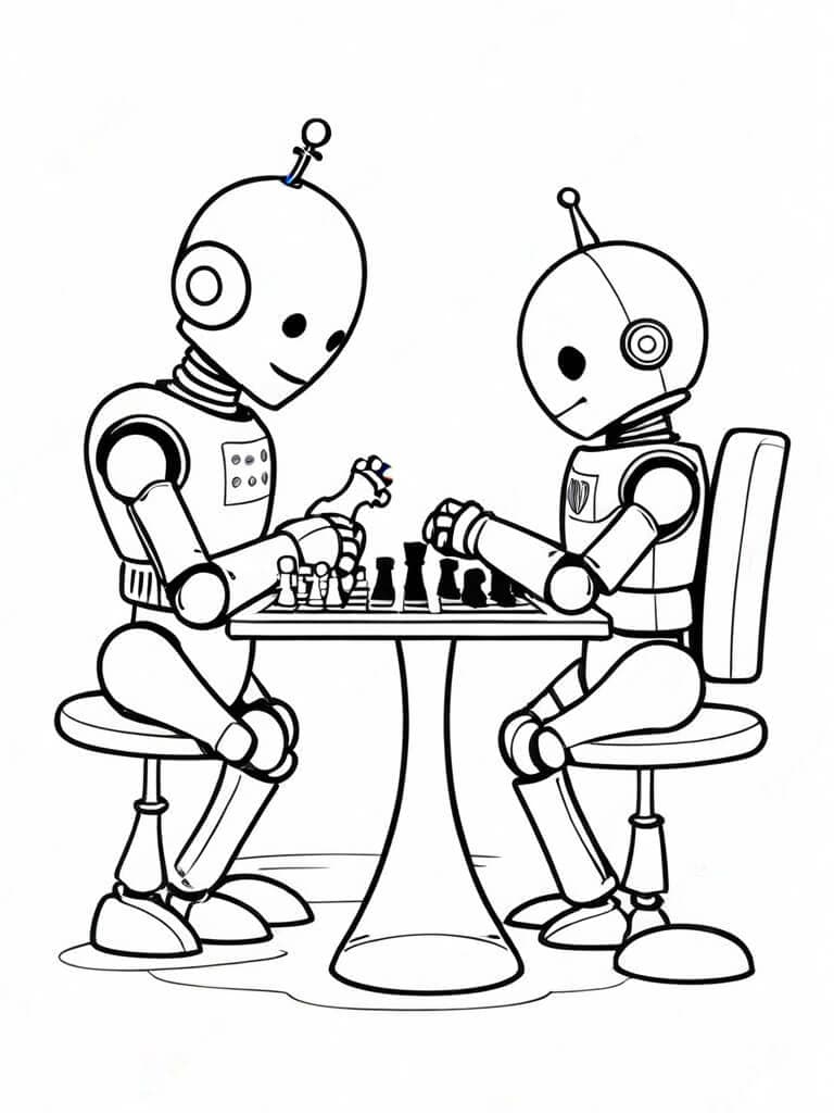 Robots playing chess coloring page