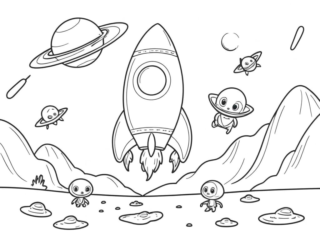 Rocket on Alien Planet Coloring Page