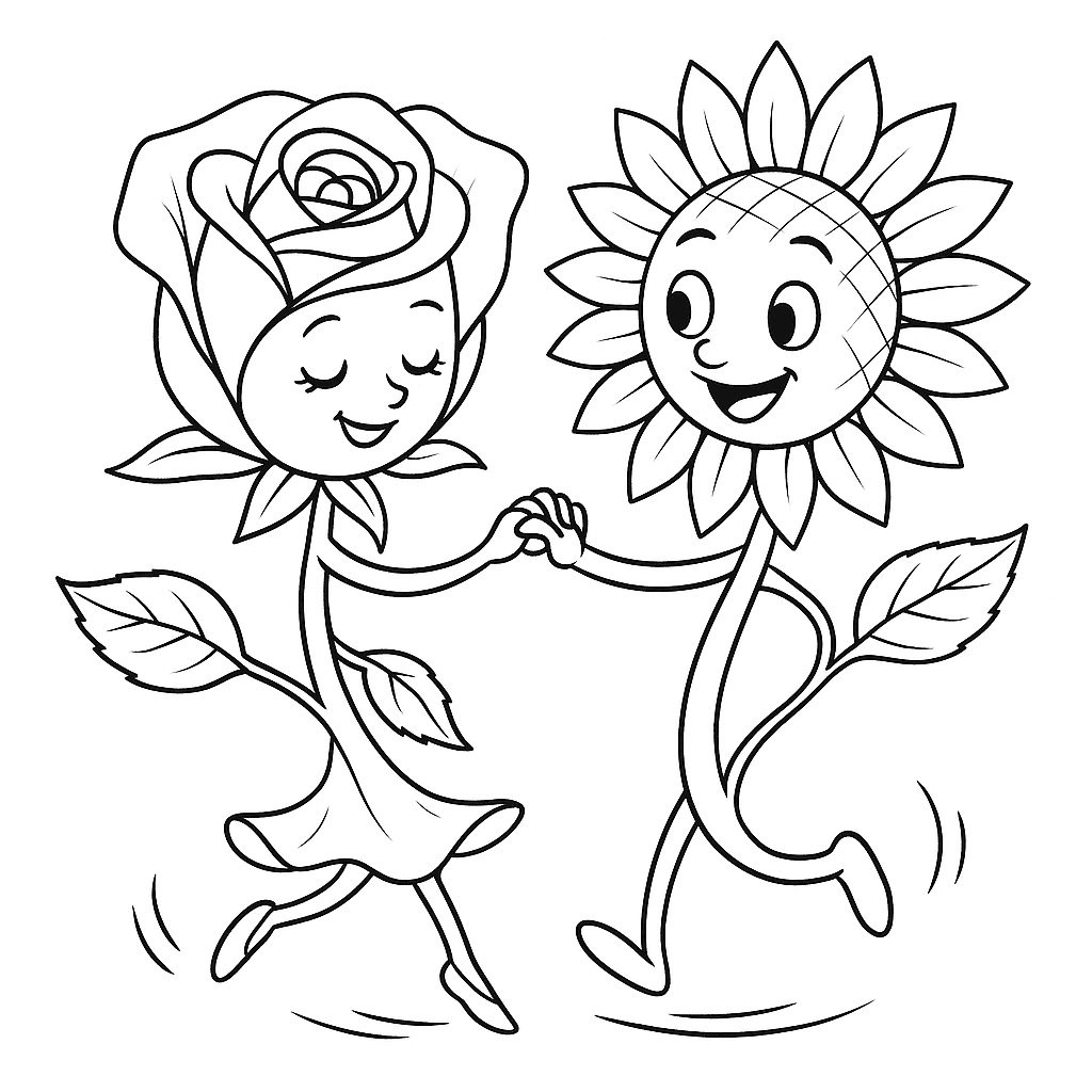 Rose and Sunflower Dancing Coloring Page
