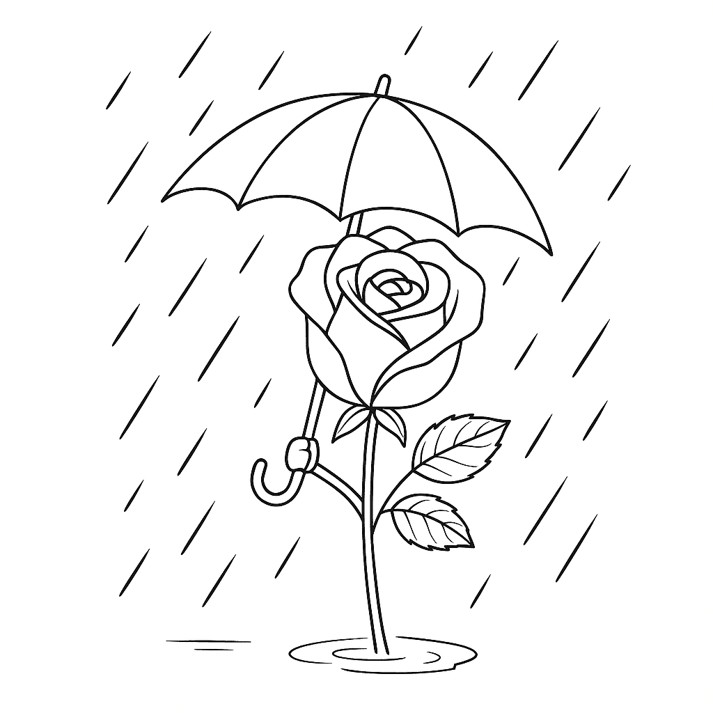 Rose in the Rain Coloring Page