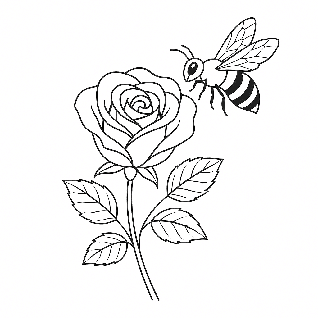 Rose with Bee Coloring Page