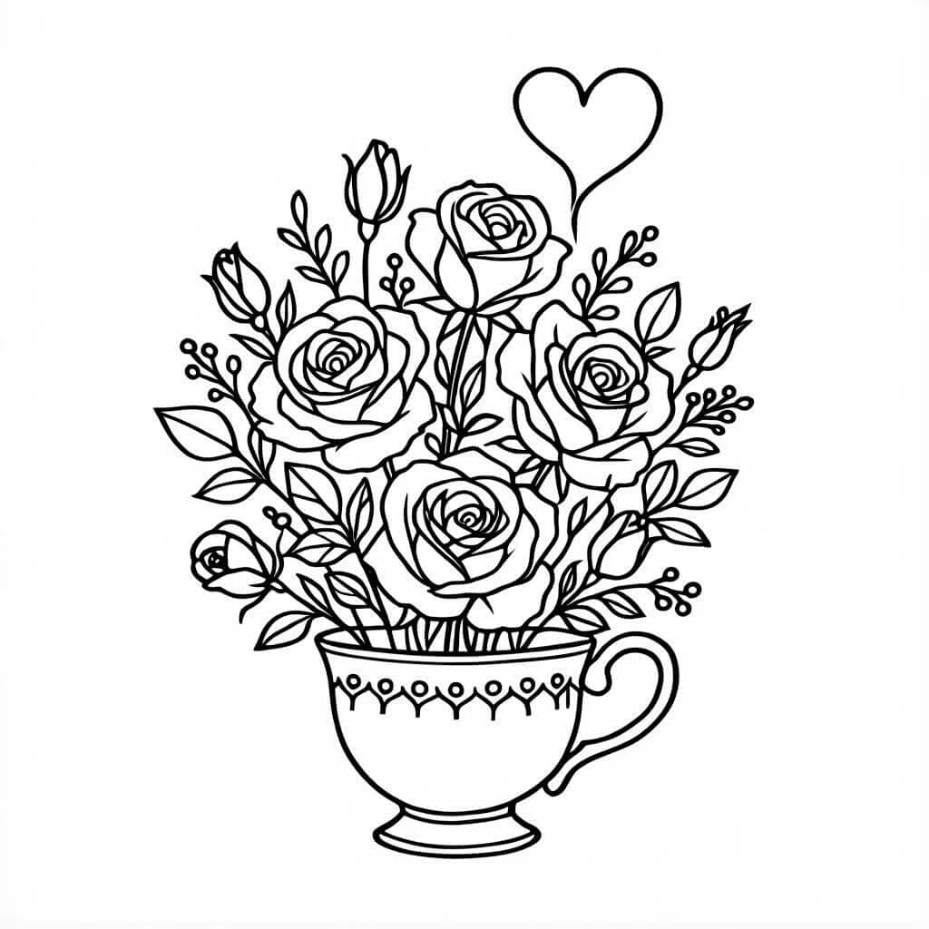 Roses in a Cup Coloring Page
