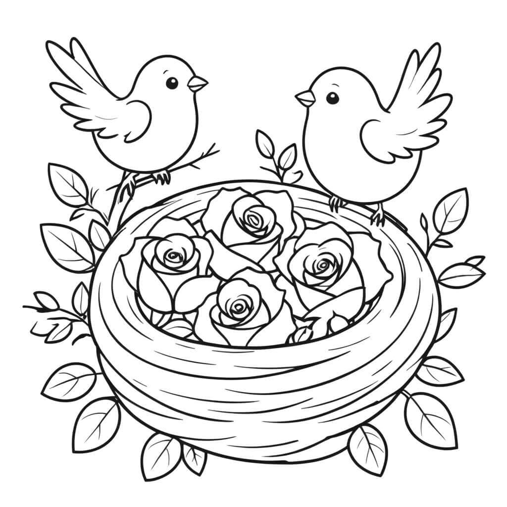 Roses in a Bird Nest Coloring Page