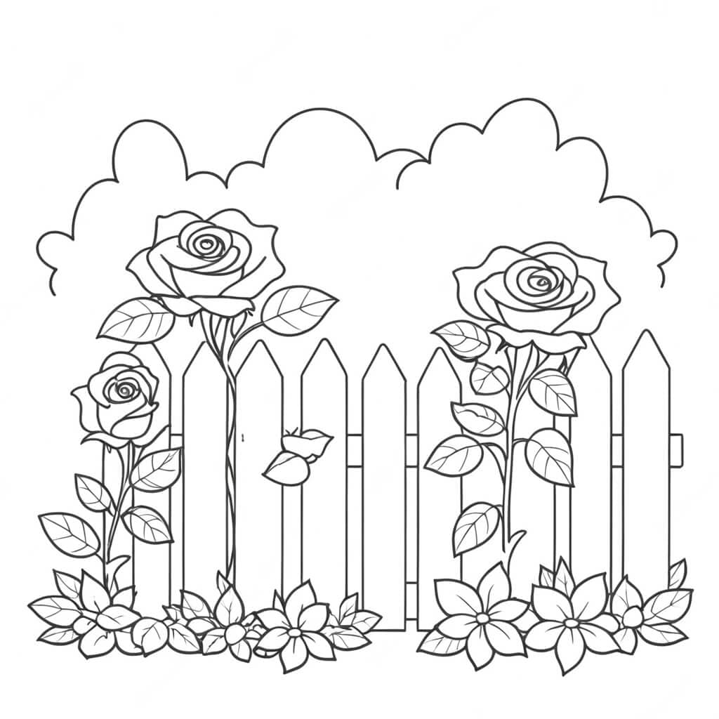 Roses on a Fence Coloring Page