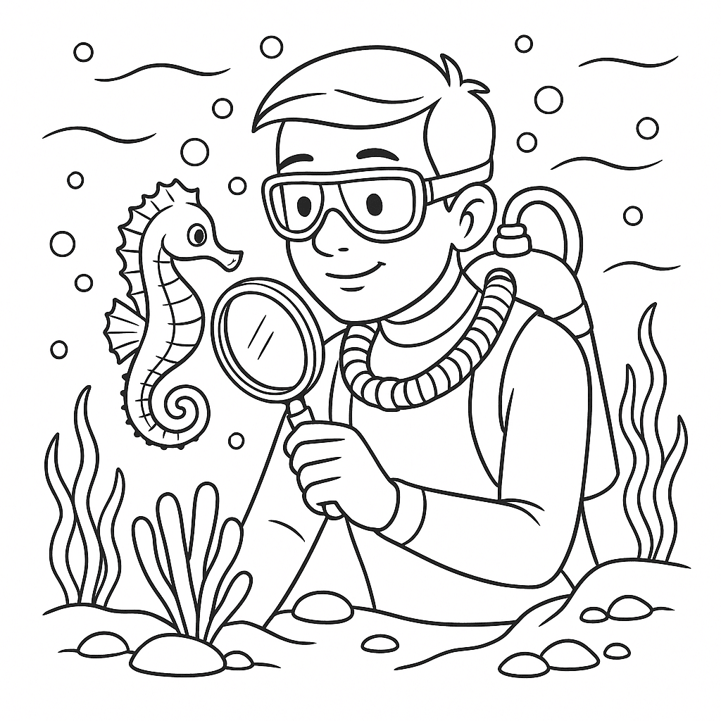 Seahorse and biologist coloring page