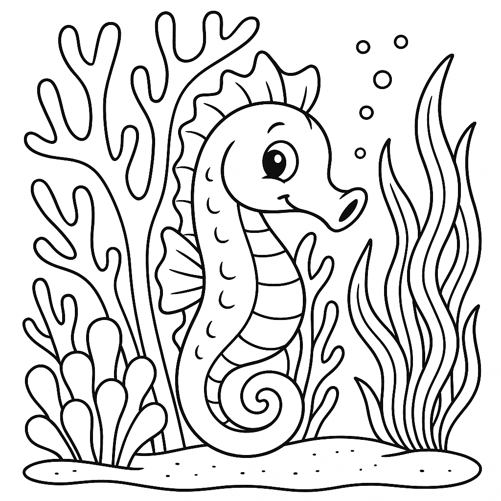 Seahorse and corals coloring page