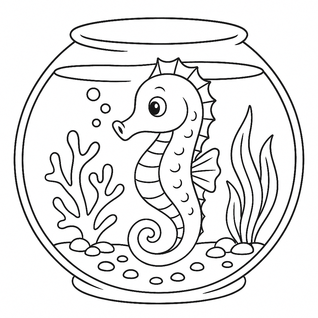 Seahorse in an aquarium coloring page