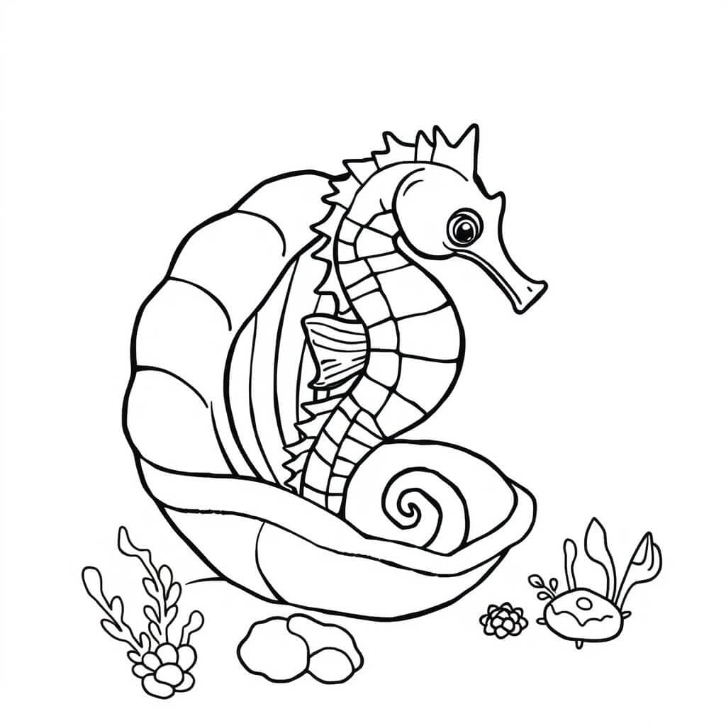 Seahorse in a shell coloring page