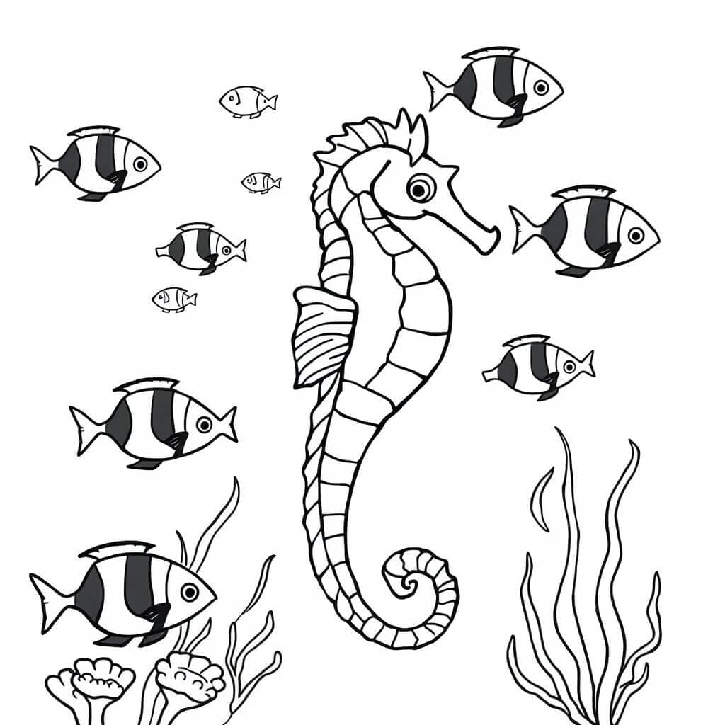 Seahorse swimming with fish coloring page