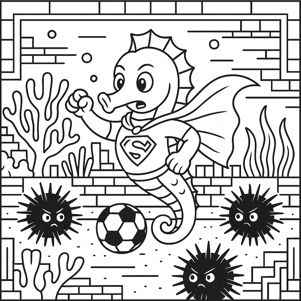 Super seahorse playing soccer coloring page