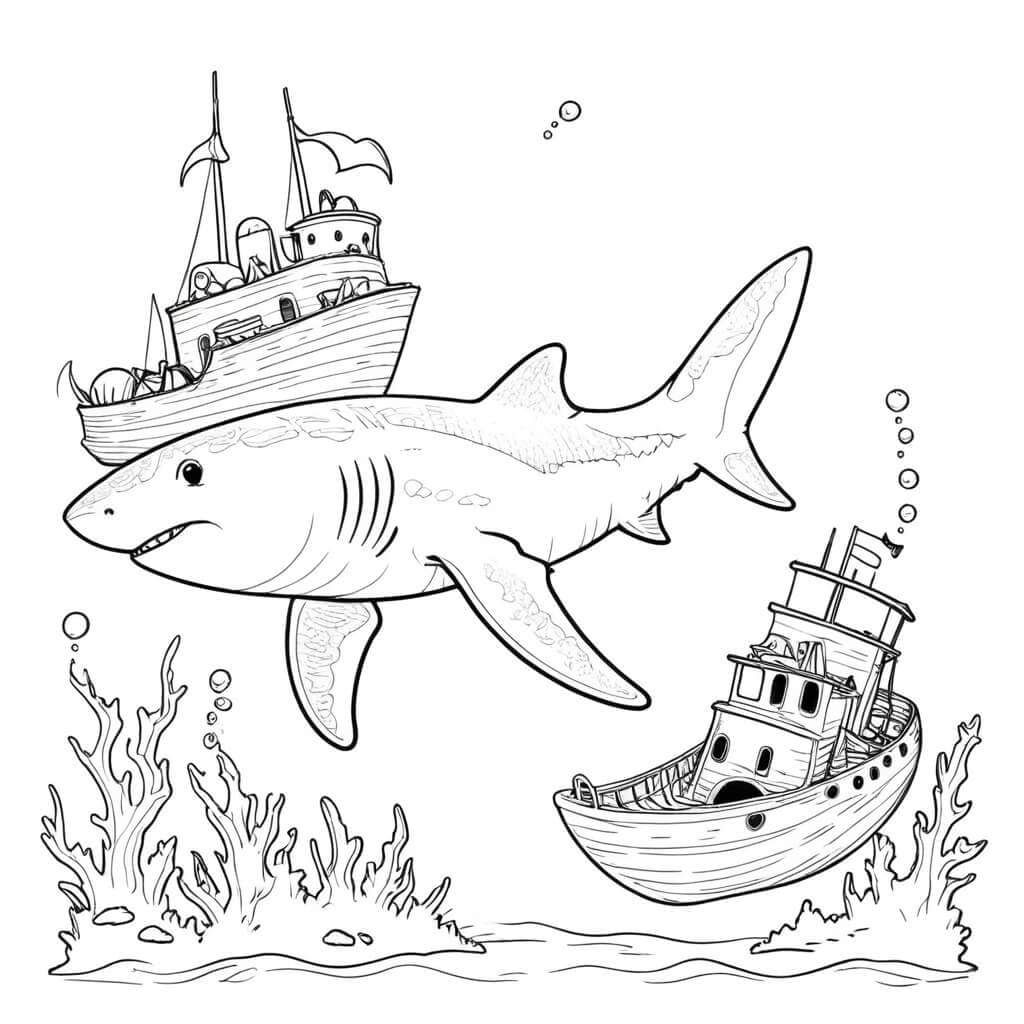 Shark and Boats Coloring Page