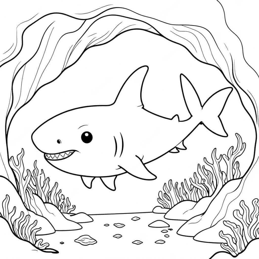 Shark in the Cave Coloring Page