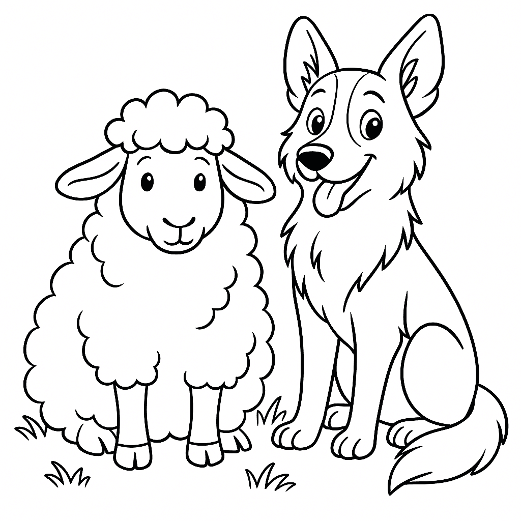 Sheep and Shepherd Dog Coloring Page